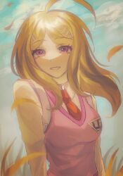  1girl ahoge akamatsu_kaede blonde_hair breasts coco_nutcoco collared_shirt commentary_request danganronpa_(series) danganronpa_v3:_killing_harmony hair_ornament highres large_breasts long_hair long_sleeves looking_at_viewer musical_note musical_note_hair_ornament necktie pink_sweater_vest shirt smile sweater_vest white_shirt 