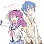  1boy 1girl angel_beats! back-to-back blue_hair green_eyes hinata_(angel_beats!) lowres otsukon purple_hair school_uniform serafuku short_hair violet_eyes yuri_(angel_beats!) 