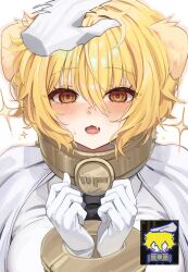  1girl absurdres animal_ears black_necktie blonde_hair blush breasts cape coat collar commentary cuffs disembodied_hand dog_ears don_quixote_(project_moon) fang game_screenshot_inset gloves hair_between_eyes hand_on_another's_head hands_up headpat highres index_(identity)_(project_moon) large_breasts limbus_company metal_collar necktie nose_blush open_mouth project_moon saeda8e screenshot_inset shackles short_hair simple_background skin_fang solo_focus sparkle upper_body white_background white_cape white_coat white_gloves yellow_eyes 