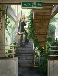  1girl absurdres ahoge arisaka blonde_hair blue_eyes bolt_action coat commentary_request exit_sign from_side fur-trimmed_jacket fur_trim green_coat green_pants gun gun_on_back highres jacket karmanimaxwx looking_at_viewer looking_to_the_side nuko_(shoujo_shuumatsu_ryokou) overgrown pants plant rifle scenery shoujo_shuumatsu_ryokou solo stairs stairwell vines weapon weapon_on_back yuuri_(shoujo_shuumatsu_ryokou) 