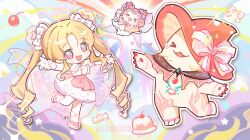  >_< 1girl absurdly_long_hair animal arm_ribbon arm_warmers artist_name back_bow bare_shoulders bead_necklace beads blonde_hair blue_background blue_eyes bow bowtie bubble_skirt cake candy capelet cat cherilynorz cherry chibi circlet cloak clothed_animal clouds confetti dreamtime_bestowed_(infinity_nikki) dress dress_bow drill_hair ear_covers fake_horns food frilled_arm_warmers frills fruit hair_bow hair_ornament hair_ribbon happy heart heart_hair_ornament highres hood hood_up hooded_cloak horns infinity_nikki jewelry large_bow layered_dress leg_ribbon leg_up light_particles long_hair momo_(nikki) multicolored_eyes mushroom neck_ribbon necklace nikki_(series) one_eye_covered open_mouth outline outstretched_arm parted_bangs pawpads pendant petticoat pink_bow pink_capelet pink_cloak pink_dress pink_eyes pink_ribbon pink_shoes platform_shoes ribbon roucoco_(infinity_nikki) see-through_bow shoes short_dress shroomling_(infinity_nikki) sidelocks skirt sleeveless sleeveless_dress smile spaghetti_strap sparkle star_(symbol) star_in_eye symbol_in_eye twin_drills two-tone_eyes unicorn_horn vertical-striped_capelet very_long_hair watermark wavy_hair white_arm_warmers white_bow white_bowtie white_cat white_dress white_horns white_outline 