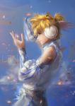  1boy 2014 a-shacho absurdres alternate_costume blonde_hair character_name cherry_blossoms clouds detached_sleeves green_eyes headphones highres kagamine_len petals ponytail profile short_hair short_ponytail sky vocaloid wind 