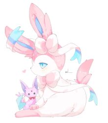  animal_focus blue_eyes blue_sclera blush bow character_doll colored_sclera doll espeon gur1 heart no_humans pink_fur pokemon pokemon_(creature) pokemon_focus ribbon stuffed_animal stuffed_toy sylveon two-tone_fur white_fur 