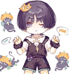  1boy animalization belt black_cat black_overalls blunt_ends bright_pupils candy casual cat cat_hair_ornament contemporary cowboy_shot curled_fingers eyelashes feathers food frana20103 fur_wrist_cuffs genshin_impact hair_ornament hands_up hat highres light_blush looking_at_viewer male_focus official_alternate_costume one_eye_closed overalls parted_bangs parted_lips paw_pose person_and_animalization pom_pom_(clothes) pumpkin_hat purple_belt scaramouche_(cat)_(genshin_impact) scaramouche_(genshin_impact) shirt short_sleeves solo spoken_food straight-on strap_slip string turtleneck turtleneck_shirt violet_eyes wanderer_(genshin_impact) white_background white_mouth white_pupils white_shirt white_sleeves wispy_bangs wrist_cuffs yellow_feathers yellow_hat 