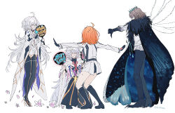  2boys 2girls ahoge arthropod_boy black_gloves black_pants command_spell dragonfly_wings dress facing_away fate/grand_order fate_(series) fingerless_gloves from_behind fujimaru_ritsuka_(female) fujimaru_ritsuka_(female)_(decisive_battle_chaldea_uniform) gloves hand_fan highres holding holding_fan insect_wings jacket kr38roka lady_avalon_(fate) lady_avalon_(first_ascension)_(fate) leggings long_hair long_sleeves meme merlin_(fate) merlin_(fate/prototype) multiple_boys multiple_girls oberon_(fate) oberon_(third_ascension)_(fate) orange_hair outstretched_arms pants parody prattkeeping_(meme) robe scene_reference spread_arms thumbs_down very_long_hair white_hair white_robe wings 