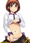  1girl ayakumo blush bow bow_panties brown_eyes brown_hair hairband long_sleeves looking_at_viewer mound_of_venus navel panties shirt_lift short_hair simple_background skirt skirt_pull smile solo touhou tsukumo_yatsuhashi underwear white_background white_panties 