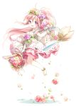  arche_klein bangs barefoot bouquet broom broom_riding dress feet female flower flying hair_flower hair_ornament hajida happy headdress holding holding_flower long_hair open_mouth pink_hair ponytail ribbon riding solo tales_of_(series) tales_of_phantasia violet_eyes 