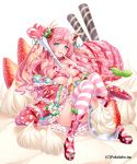  1girl akira_(natsumemo) between_breasts bikini_top blue_eyes blue_hair bow breasts dessert finger_to_mouth food food_as_clothes food_themed_clothes frills fruit hair_bow highres ice_cream japanese_clothes large_breasts long_hair official_art open_mouth original oversized_object pink_hair sengoku_gensoukyoku simple_background sitting smile solo sparkle spoon strawberry striped striped_legwear thigh-highs whipped_cream white_background 