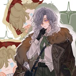  2girls :3 anonry arm_out_of_sleeve bag black_bag black_gloves blonde_hair blue_eyes brown_coat chibi chibi_inset coat drop_shadow fur-trimmed_coat fur_trim gloves green_necktie grey_hair hair_over_one_eye hand_on_own_chin hand_up highres long_hair looking_at_viewer mole mole_on_neck mole_under_mouth multiple_girls necktie one_eye_covered reverse:1999 shirt shoulder_bag smile solo_focus sparkle upper_body vila_(reverse:1999) white_shirt windsong_(reverse:1999) 