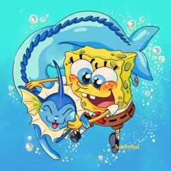  1boy artist_name artist_request blue_background blue_eyes bokchois bubble check_artist crossover no_humans non-web_source petting pokemon pokemon_(creature) spongebob_squarepants spongebob_squarepants_(series) underwater vaporeon water 