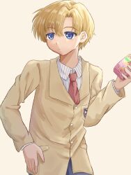  1boy blonde_hair blue_eyes buttons che11y_oo clannad closed_mouth collared_shirt commentary cowboy_shot drink_carton frown hair_between_eyes hand_on_own_hip hand_up highres hikarizaka_private_high_school_uniform holding holding_milk_carton jacket long_sleeves looking_to_the_side male_focus milk_carton necktie red_necktie school_uniform shirt short_hair simple_background solo striped_clothes striped_shirt suit_jacket sunohara_youhei vertical-striped_clothes vertical-striped_shirt white_shirt yellow_background yellow_jacket 