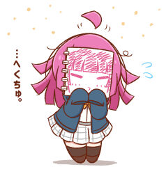  1girl ahoge black_shoes black_thighhighs blue_jacket chibi chibi_only closed_eyes commentary covering_face covering_own_face detached_ahoge flying_sweatdrops highres holding holding_sketchbook hood hood_down hooded_jacket jacket kishimen_hair long_sleeves love_live! love_live!_nijigasaki_high_school_idol_club miniskirt neck_ribbon nijigasaki_school_uniform open_clothes open_jacket p-man_(p_man_wktk) pink_hair pleated_skirt pout ribbon rina-chan_board school_uniform shirt shoes simple_background sketchbook skirt sleeves_past_fingers sleeves_past_wrists sneezing solo tennoji_rina thigh-highs white_background white_shirt white_skirt winter_uniform yellow_ribbon 