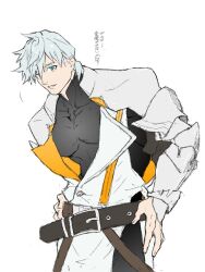  1boy belt black_bodysuit blue_eyes bodysuit buckle coat covered_pectorals duomian fate_(series) hand_on_own_hip large_pectorals light_smile looking_at_viewer male_focus muscular muscular_male pectorals percival_(fate) short_hair simple_background sketch spiky_hair unfinished white_background white_coat white_hair 