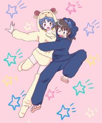  1boy 1girl animal_costume animal_hood bear_costume bear_hood blue_hair blue_hoodie blue_pants braid brown_eyes brown_hair commentary_request fuwariko hetero highres hood hoodie hug leg_up open_mouth pants pink_background ranma_1/2 saotome_ranma sheep_costume sheep_hood short_hair shorts single_braid star_(symbol) star_symbol_background tendou_akane v-shaped_eyebrows yellow_hoodie yellow_shorts 