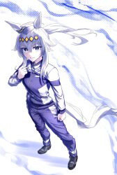  1girl ahoge animal_ears black_shoes blue_eyes breasts closed_mouth ear_ornament grey_hair grey_tail hair_between_eyes hair_ornament hairband highres horse_ears horse_girl horse_tail jacket kasamatsu_tracen_training_uniform long_hair long_sleeves medium_breasts multicolored_hair multicolored_jacket oguri_cap_(umamusume) pants ponytail purple_jacket purple_pants purple_track_suit shoes solo tail track_jacket track_pants track_suit two-tone_jacket umamusume umamusume:_cinderella_gray yuki6238 