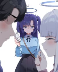  1boy 2girls alternate_costume aqua_sweater bag black_hair black_ribbon black_skirt blue_archive blue_eyes blue_halo blush breasts casual caught closed_mouth commentary dated gomen_yuuka hair_ornament halo hand_to_own_mouth hand_up high-waist_skirt highres holding holding_phone large_breasts long_hair mechanical_halo multiple_girls myeolchi noa_(blue_archive) phone purple_hair ribbon sensei_(blue_archive) shaded_face shirt shoulder_bag signature simple_background skirt smile split_mouth sweater sweater_tucked_in triangle_hair_ornament two_side_up untranslatable_commentary white_background white_hair white_halo white_shirt yuuka_(blue_archive) 