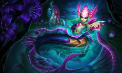 1girl absurdres black_sclera blue_scales bracelet breasts colored_sclera colored_skin commentary_request flower flower_bikini glowing gold_bracelet green_hair green_scales green_skin highres holding holding_staff jewelry league_of_legends lily_pad long_hair looking_at_viewer medium_breasts merfolk mermaid michelle_hoefener monster_girl multicolored_hair multicolored_skin nami_(league_of_legends) official_art outstretched_arm outstretched_hand parted_lips pink_hair pink_lips plant_hair purple_skin reaching reaching_towards_viewer river_spirit_nami smile solo staff swimming third-party_source two-tone_hair two-tone_skin under_boob water yellow_eyes 