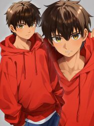  1boy ace_of_diamond blue_pants brown_hair collarbone commentary_request cowboy_shot drawstring expressionless grey_background hair_between_eyes hands_in_pockets highres hood hood_down hoodie long_sleeves looking_at_viewer m1_tsuru male_focus multiple_views pants parted_lips red_hoodie sawamura_eijun short_hair simple_background standing white_mouth yellow_eyes 