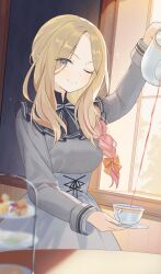  1girl blonde_hair blue_eyes blush braid closed_mouth commentary cup gakuen_idolmaster highres holding holding_saucer holding_teapot idolmaster indoors juo_sena long_hair long_sleeves looking_at_viewer misuzu0342 multicolored_hair one_eye_closed pink_hair pouring saucer smile solo streaked_hair table teacup teapot tiered_tray untranslatable_commentary 