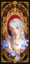  1girl absurdres blue_flower border character_name closed_mouth collarbone cropped_shoulders daodi_bingqilin dress earrings elf floating_earrings flower frieren gold_necklace green_eyes hair_down hair_flower hair_ornament hair_over_shoulder highres jewelry long_hair long_pointy_ears looking_at_viewer necklace ornate_border parted_bangs pointy_ears short_eyebrows solo sousou_no_frieren teardrop_earrings white_dress white_hair 