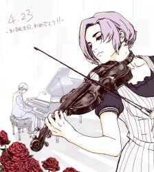  birthday closed_mouth flower happy_birthday hoshino instrument kanae_von_rosewald parted_bangs piano red_eyes red_flower red_rose rose short_hair tokyo_ghoul tokyo_ghoul:re violin 
