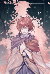  1boy 1girl back-to-back blue_background branch cherry_blossoms chinese_commentary cloak cowboy_shot crying crying_with_eyes_open dress_shirt facing_viewer falling_petals floral_dissolve food_fantasy hair_between_eyes hakama half-closed_eyes hands_on_own_chest haori_himo japanese_clothes kimono long_sleeves male_focus own_hands_together parted_lips petals pink_petals purple_cloak purple_hakama raindrop_cake_(food_fantasy) red_cloak red_hair shirt shirt_under_kimono short_hair silhouette solo standing straight-on tears tuiding_geli two-tone_cloak violet_eyes white_kimono white_shirt wide_sleeves 