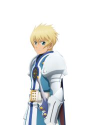 1boy armor artist_request belt blonde_hair blue_eyes blue_surcoat cape closed_mouth commentary cowboy_shot flynn_scifo from_side game_cg gauntlets looking_at_viewer male_focus official_art sheath sheathed short_hair shoulder_armor silver_armor simple_background smile solo standing sword tales_of_(series) tales_of_asteria tales_of_vesperia third-party_source transparent_background vambraces weapon white_belt 