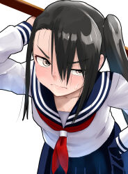  1girl alternate_costume black_hair blue_sailor_collar blue_skirt bokken brown_eyes commentary_request highres holding holding_sword holding_weapon kantai_collection leaning_forward long_hair long_sleeves nachi_(kancolle) neckerchief nekotarou_(nktr299) red_neckerchief sailor_collar sailor_shirt school_uniform serafuku shirt side_ponytail simple_background skirt solo sword weapon white_background white_shirt winter_uniform wooden_sword 