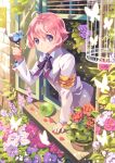  1girl ahoge apple armband bf._(sogogiching) bird bird_on_hand birdcage butterfly cage flower food fruit leaning light_particles looking_at_viewer neck_ribbon original petals pink_hair plant ribbon school_uniform short_hair smile solo violet_eyes wind window windowsill 