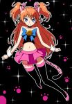  1girl animal_ears bare_shoulders bell black_background black_legwear blue_eyes bow brown_hair cat_ears cat_tail choker crop_top high_heels houjou_hibiki jingle_bell kemonomimi_mode long_hair midriff navel panther_pink_(precure) paw_print pink_skirt precure ribbon shirono skirt smile solo suite_precure tail thigh-highs two_side_up wrist_cuffs 