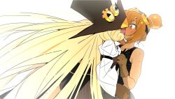  2girls arrow_(symbol) bare_arms bare_shoulders black_gloves black_hat black_tank_top blonde_hair bloom blush breasts brown_eyes brown_gloves brown_hair brown_pants brown_vest clothes_around_waist collarbone cookie_run cookie_run:_ovenbreak cowboy_shot croissant_cookie curly_sidelocks dark-skinned_female dark_skin double-parted_bangs dual_persona face-to-face food-themed_hair from_behind from_below gloves goggles goggles_on_head goggles_on_headwear grey_jacket hair_between_eyes hair_bun hand_on_another's_hand hand_up hat highres humanization jacket jacket_around_waist juliet_sleeves kiss large_hat long_hair long_sleeves looking_at_another multicolored_hair multiple_girls ohta_guk_hip orange_hair orange_streaks pants pinstripe_pants pinstripe_pattern puffy_sleeves red-tinted_eyewear selfcest shirt short_hair sidelocks simple_background single_hair_bun small_breasts standing straight_hair streaked_hair sweat tank_top timekeeper_cookie tinted_eyewear top_hat two-tone_hair vertical-striped_sleeves very_long_hair vest white_background white_shirt yellow-framed_eyewear yellow-tinted_eyewear yuri 