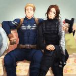  2boys blonde_hair brown_hair captain_america captain_america_the_winter_soldier couch facial_hair gun hak_kun james_buchanan_barnes marvel mechanical_arm multiple_boys sitting steve_rogers stubble superhero weapon 