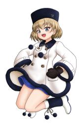  1girl absurdres amanone_yun black_boots black_hat black_mittens blonde_hair blue_dress blue_eyes bob_cut boots coat coat_dress commentary dress emblem floating full_body girls_und_panzer hands_on_own_hips hat highres katyusha_(girls_und_panzer) legs_up long_sleeves looking_at_viewer mittens multicolored_boots open_mouth pravda_(emblem) short_hair simple_background smile solo two-tone_boots ushanka white_background white_boots white_coat 