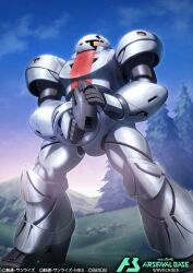  artist_request bandai beam_gun blue_sky clouds company_name copyright_logo copyright_name copyright_notice forest grass gundam gundam_arsenal_base holding holding_weapon logo mecha mecha_focus mixed-language_text mobile_suit mountain nature no_humans official_art pine_tree realistic robot rock science_fiction sky sumo_(mobile_suit) third-party_source title tree turn_a_gundam weapon 