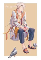  1boy ay_gon8 bird black_pants black_shoes border brown_eyes can collared_shirt commentary_request dissidia_duellum_final_fantasy dissidia_final_fantasy drink_can final_fantasy final_fantasy_ii firion full_body grey_hair highres holding holding_can jewelry long_shirt multiple_necklaces necklace official_alternate_costume pants parted_lips pigeon shirt shoes short_hair_with_long_locks sitting solo twitter_username white_border 