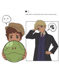  2boys aged_down amuro_ray blonde_hair blue_eyes brown_hair casval_rem_deikun char_aznable closed_mouth collared_shirt confused gundam haro highres holding jacket long_sleeves mobile_suit_gundam_the_origin multiple_boys necktie robot sad shirt short_hair simple_background tearing_up white_shirt yy0880yy 