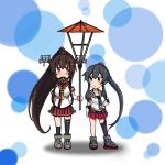  2girls atsushi_(aaa-bbb) black_hair blush brown_eyes brown_hair chibi detached_sleeves flower flower_on_head gloves headgear holding kantai_collection long_hair multiple_girls navel oriental_umbrella pleated_skirt ponytail school_uniform serafuku skirt umbrella white_gloves yahagi_(kantai_collection) yamato_(kantai_collection) 