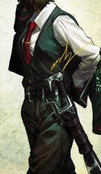  1girl belt black_belt black_pants black_vest brown_hair commentary dressing eyes_out_of_frame head_out_of_frame highres limbus_company long_sleeves moppingforturt1 necktie outis_(project_moon) pants project_moon red_necktie sheath sheathed short_hair simple_background solo tie_clip vest white_background 