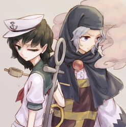  2girls anchor anchor_symbol black_hair blue_eyes blue_hair blue_hood brooch clouds collared_shirt dress green_eyes grey_background hat jewelry kesa kumoi_ichirin ladle meimaru_inuchiyo midriff_peek multiple_girls murasa_minamitsu neckerchief red_neckerchief sailor_hat shirt short_hair touhou upper_body white_dress white_hat white_shirt 