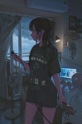  1girl air_conditioner bed bedroom black_hair black_shirt cable clouds cloudy_sky commentary computer curtains dim_lighting electric_fan english_commentary hair_dryer highres holding holding_hair_dryer lamp laptop long_shirt looking_to_the_side multicolored_hair original print_shirt purple_streaks shirt sky solo streaked_hair stuffed_animal stuffed_octopus stuffed_toy tochigi_1990 window 