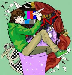  1boy animification antenna_hair bass_guitar brown_hair brown_pants cable commentary drawstring edd_(eddsworld) eddsworld from_side full_body green_eyes green_hoodie green_shoes hair_behind_ear hood hood_down hoodie instrument ken_(uvl5xb24oldkoti) long_sleeves male_focus mirror pants paper_airplane profile shoes short_hair sitting smile sneakers solo susan_(eddsworld) untranslatable_commentary 