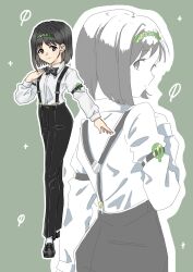  1girl absurdres alternate_costume black_bow black_bowtie black_hair black_pants black_shoes bow bowtie commentary_request erika_(pokemon) green_background highres looking_at_viewer looking_back nezuyatai_odai outline pants pokemon shirt shoes solo suspenders white_outline white_shirt zoom_layer 
