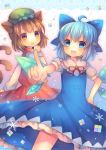  2girls ahoge animal_ears blue_eyes blue_hair bow brown_eyes brown_hair cat_ears cat_tail chen cirno hair_bow hat ice ice_wings multiple_girls open_mouth pjrmhm_coa pointing snowflakes tail touhou wings 