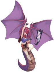  1girl arm_up breasts brown_shoes cat clenched_hand colored_tongue dragon_girl dragon_horns dragon_tail fingerless_gloves gloves grape_(vtuber) highres horns indie_virtual_youtuber open_mouth ponytail purple_tongue red_eyes red_scarf roober scarf shoes shorts tail thick_thighs thigh-highs thighs virtual_youtuber white_background white_thighhighs wings 