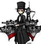  1girl america battleship beard black_hair bowtie cane cannon coat facial_hair flandre495 formal gothic hat holding kantai_collection looking_at_viewer mecha_musume open_mouth original red_eyes reverse_trap short_hair simple_background solo suit top_hat us_navy uss_pennsylvania_(bb-36) victorian white_background 