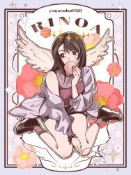  1girl black_eyes black_hair black_ribbon black_shoes black_shorts blue_border border character_name coat_partially_removed commentary_request dissidia_duellum_final_fantasy dissidia_final_fantasy eating final_fantasy final_fantasy_viii flower food full_body grey_socks holding holding_food jewelry long_coat long_hair mini_wings multicolored_hair necklace official_alternate_costume parted_bangs pink_flower purple_shirt ribbon ring ring_necklace rinoa_heartilly rinoa_heartilly_(student_sorceress) sayaendou0426 shirt shoes shorts single_bare_shoulder sitting socks solo streaked_hair twitter_username wariza white_wings wings wrist_ribbon 