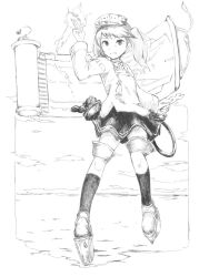  1girl bad_id bad_tumblr_id clouds commentary dated_commentary fang greyscale hat japanese_clothes kantai_collection kariginu kneehighs long_sleeves miniskirt monochrome nemubusoku onmyouji open_mouth outdoors rigging ryuujou_(kancolle) scroll shikigami skirt socks solo standing twintails visor_cap water 