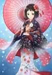  1girl black_hair blush brown_eyes flower hair_flower hair_ornament highres japanese_clothes kimono looking_at_viewer obi oriental_umbrella original sash short_hair smile solo tadokoro_teppei umbrella 