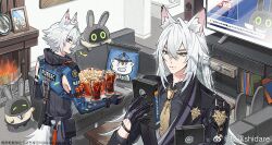  2boys animal_ear_fluff animal_ears bangboo_(zenless_zone_zero) black_gloves black_jacket bowl brothers cat_boy cat_ears cat_tail closed_mouth clothing_cutout cola colored_tips commentary_request couch crossed_bangs cup drinking_glass fire fireplace flat_screen_tv food glove_cutout gloves green_eyes grey_shirt hair_between_eyes holding holding_tray indoors jacket long_hair looking_at_another male_focus multicolored_hair multiple_boys open_mouth police police_badge police_uniform policeman popcorn seth_lowell severian_lowell shidare_(youh4016) shirt short_hair siblings tail television tray violet_eyes white_hair zenless_zone_zero 