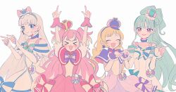  >_< 4girls :3 :d ^_^ arms_up blonde_hair blonde_streaks blue_bow blue_bowtie blue_eyes blunt_bangs blush bow bowtie brooch closed_eyes closed_mouth commentary_request cure_friendy cure_lillian cure_nyammy cure_wonderful dress dress_bow green_hair green_hairband green_hat hairband hat heart heart_brooch index_fingers_raised inukai_iroha inukai_komugi itomugi-kun jewelry long_hair magical_girl multicolored_hair multiple_girls nekoyashiki_mayu nekoyashiki_yuki open_mouth pink_hair ponytail precure purple_bow purple_bowtie purple_dress purple_hairband red_eyes short_sleeves simple_background smile streaked_hair striped_bow striped_bowtie striped_clothes thick_eyebrows upper_body white_background white_hair wonderful_precure! x3 xd 
